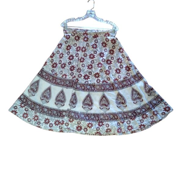 VTG India Cotton Off White Red Floral Block Print Midi Wrap Skirt *XS- Med - Picture 12 of 16